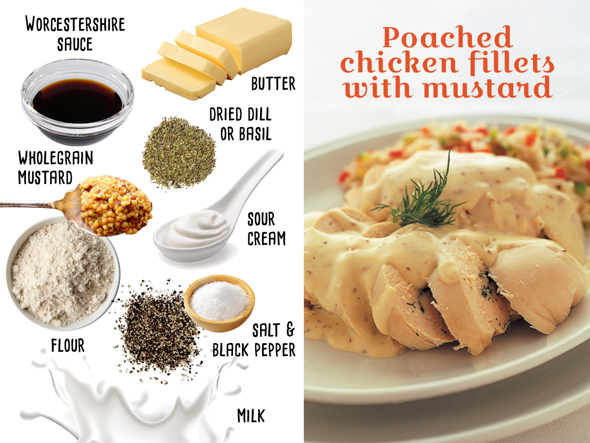 Poached chicken fillets with a mustard sauce